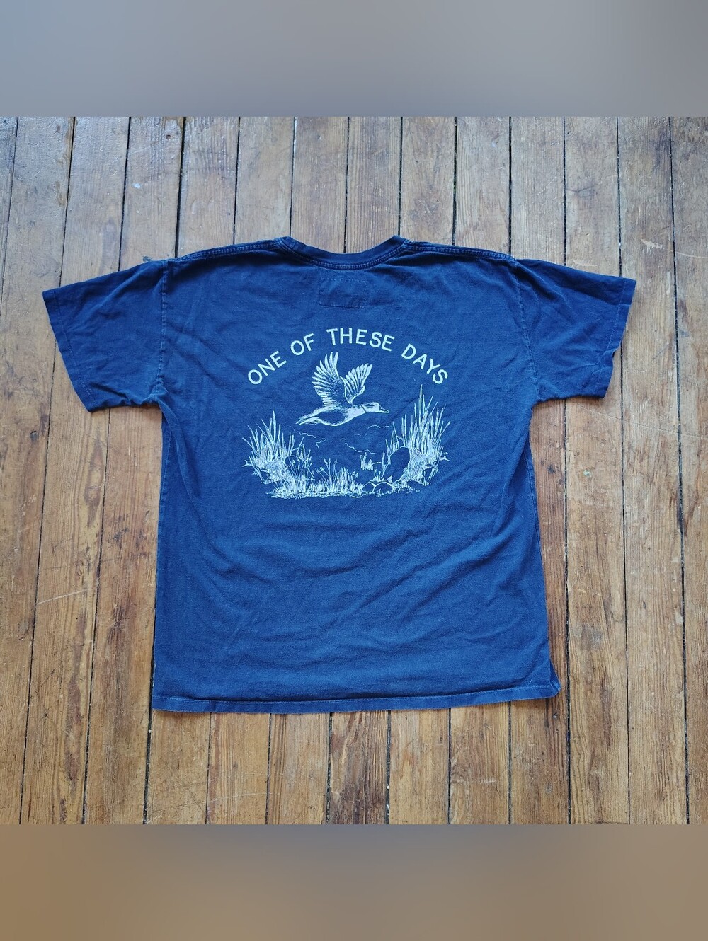 One Of These Days Navy Blue Mallard Hunt Tee Graphic T Shirt Mens Large USA Made